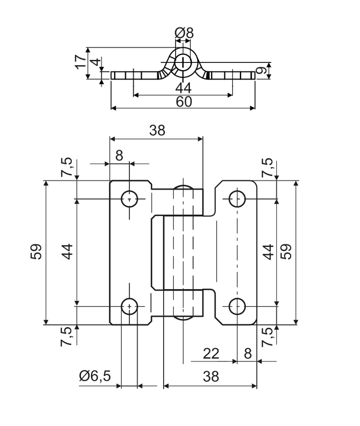 Butt hinge w/holes, stainless steel, L=59, B=60, T=4
