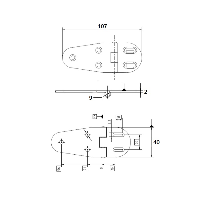 Butt hinge w/holes, stainless steel, L=40, B=107, T=2
