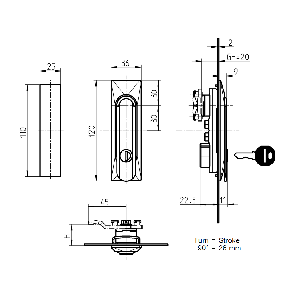 Swinghandle, die-cast zinc, cylinder lock, L=120, B=36, H=9, Plate thickness=2-2