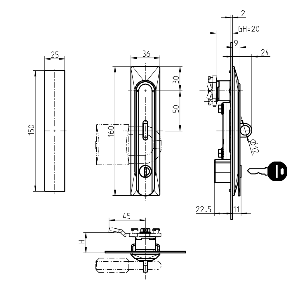 Swinghandle, die-cast zinc, cylinder lock, L=160, B=36, H=24, Plate thickness=2-2