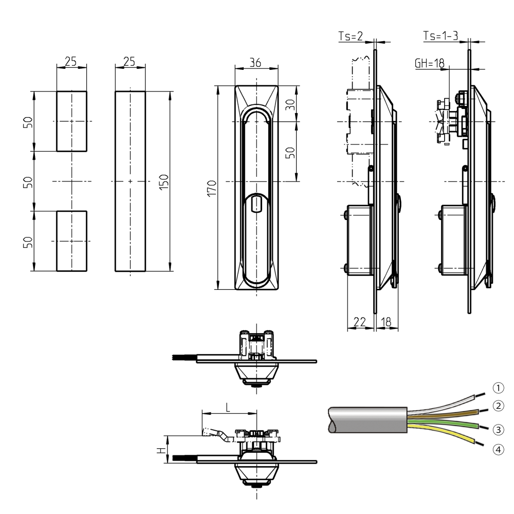 Elektronisk lås, kablet, 1150 Serie, L=170mm, B=36mm, H=18mm, , pladetykkelse=2-2mm