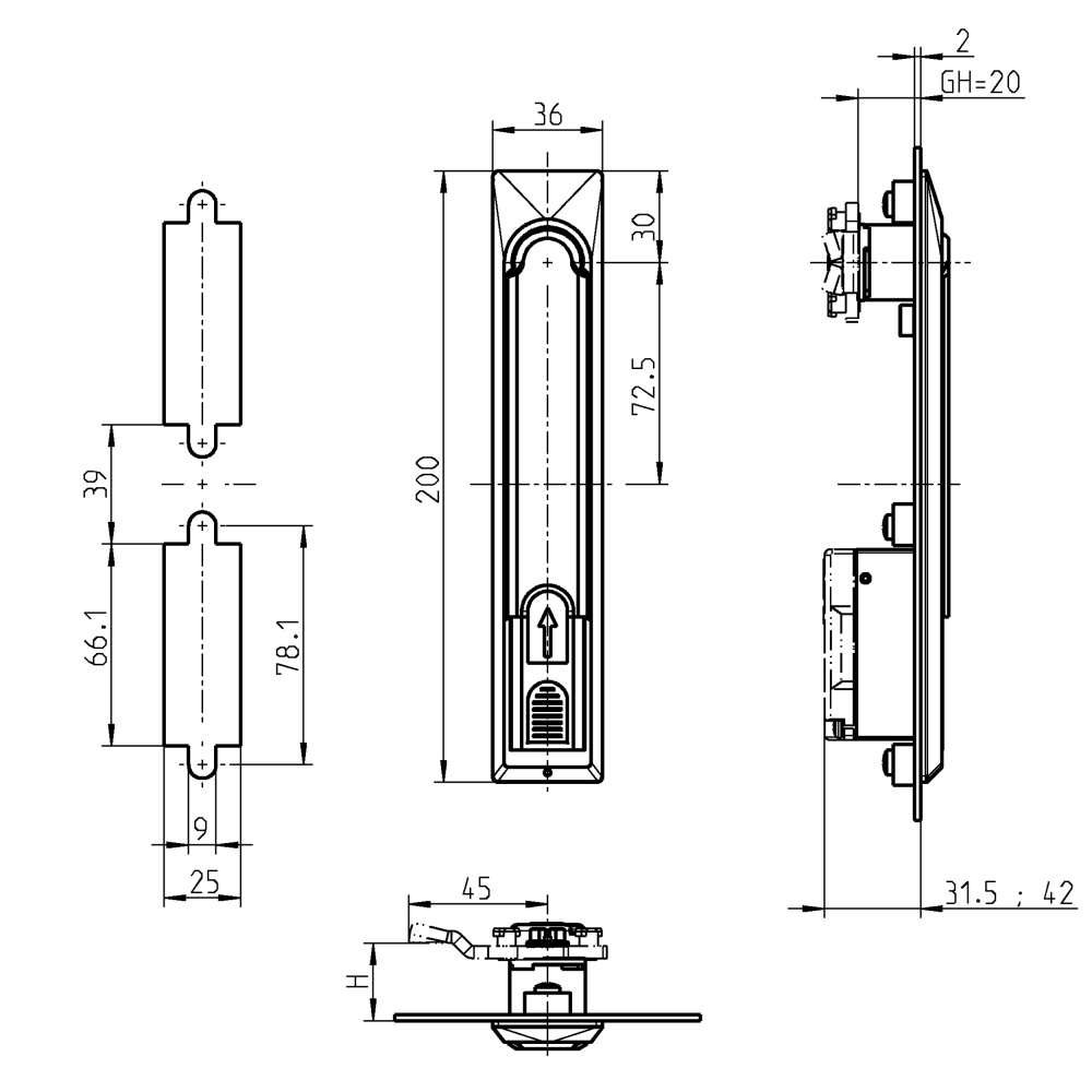 Swinghandle, die-cast zinc, locking set, L=200, B=36, H=9, Plate thickness=2-2