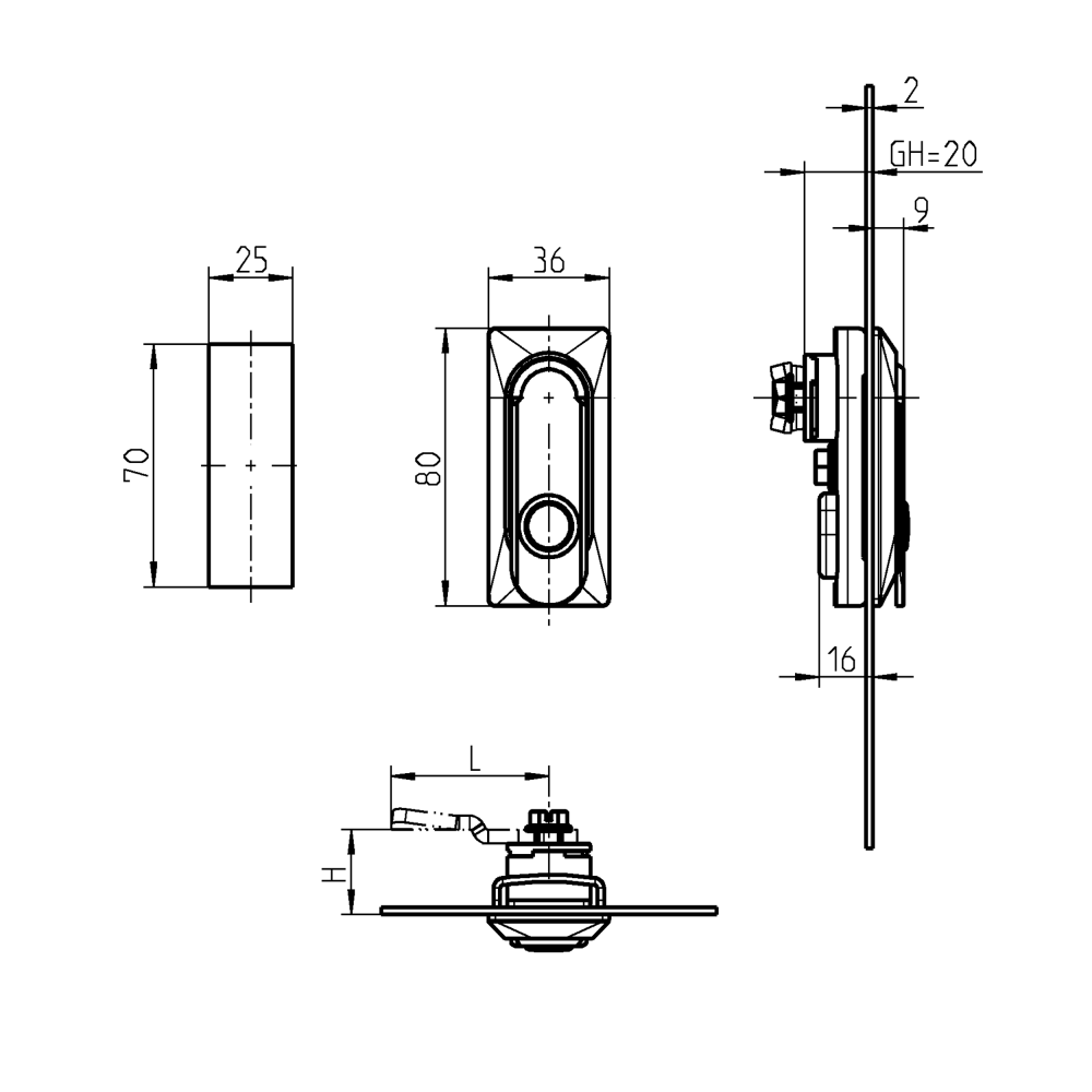 Swinghandle, die-cast zinc, push button, L=80, B=36, H=9, Plate thickness=2-2