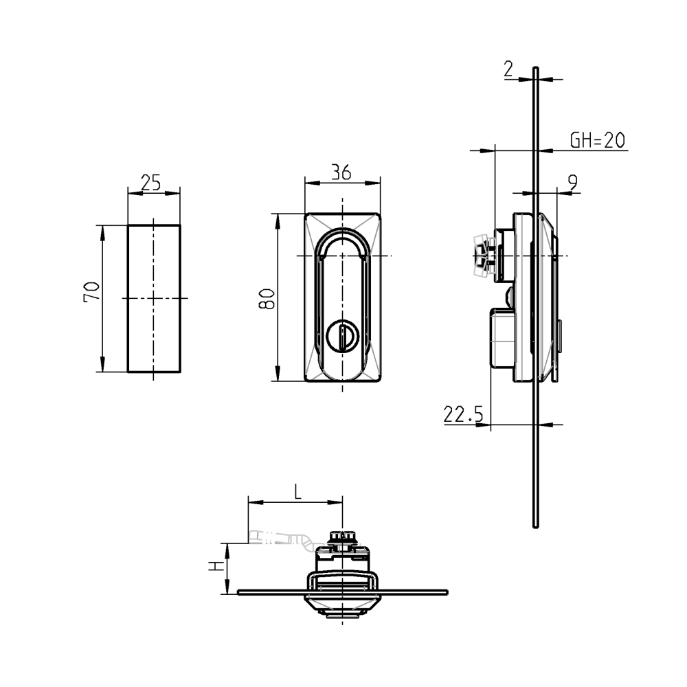Swinghandle, die-cast zinc, cylinder lock, L=80, B=36, H=9, Plate thickness=2-2