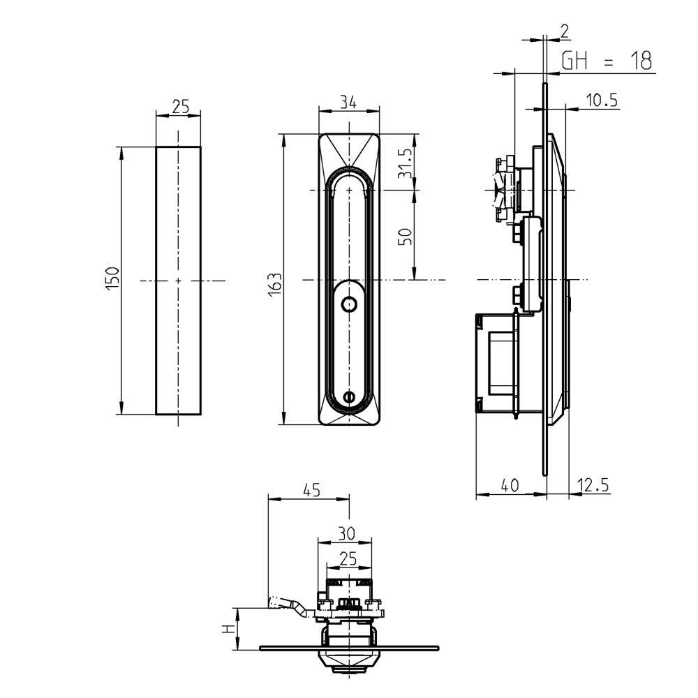 Swinghandle, acid proof stainless steel, profile half cylinder 40mm, L=163, B=34, H=12,5, Plate thickness=2-2