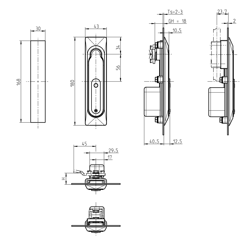 Swinghandle, acid proof stainless steel, profile half cylinder 40mm, L=180, B=43, H=12,5, Plate thickness=2-3