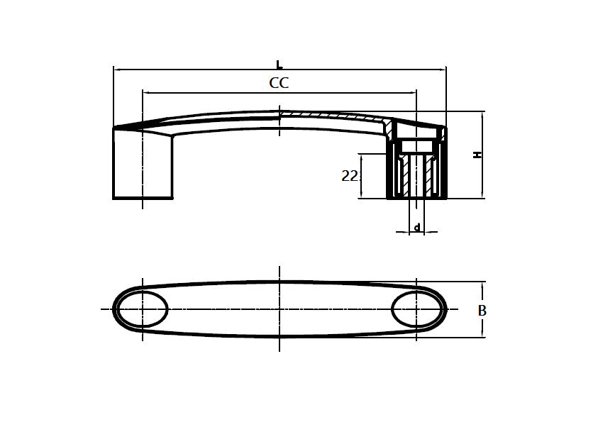 Bridge handle, glass fiber reinforced polyamide, L=163, B=29, H=45