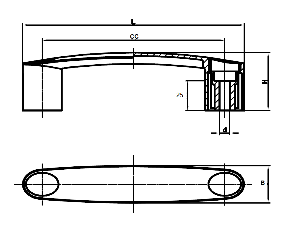 Bridge handle, glass fiber reinforced polyamide, L=181, B= 31, H= 48