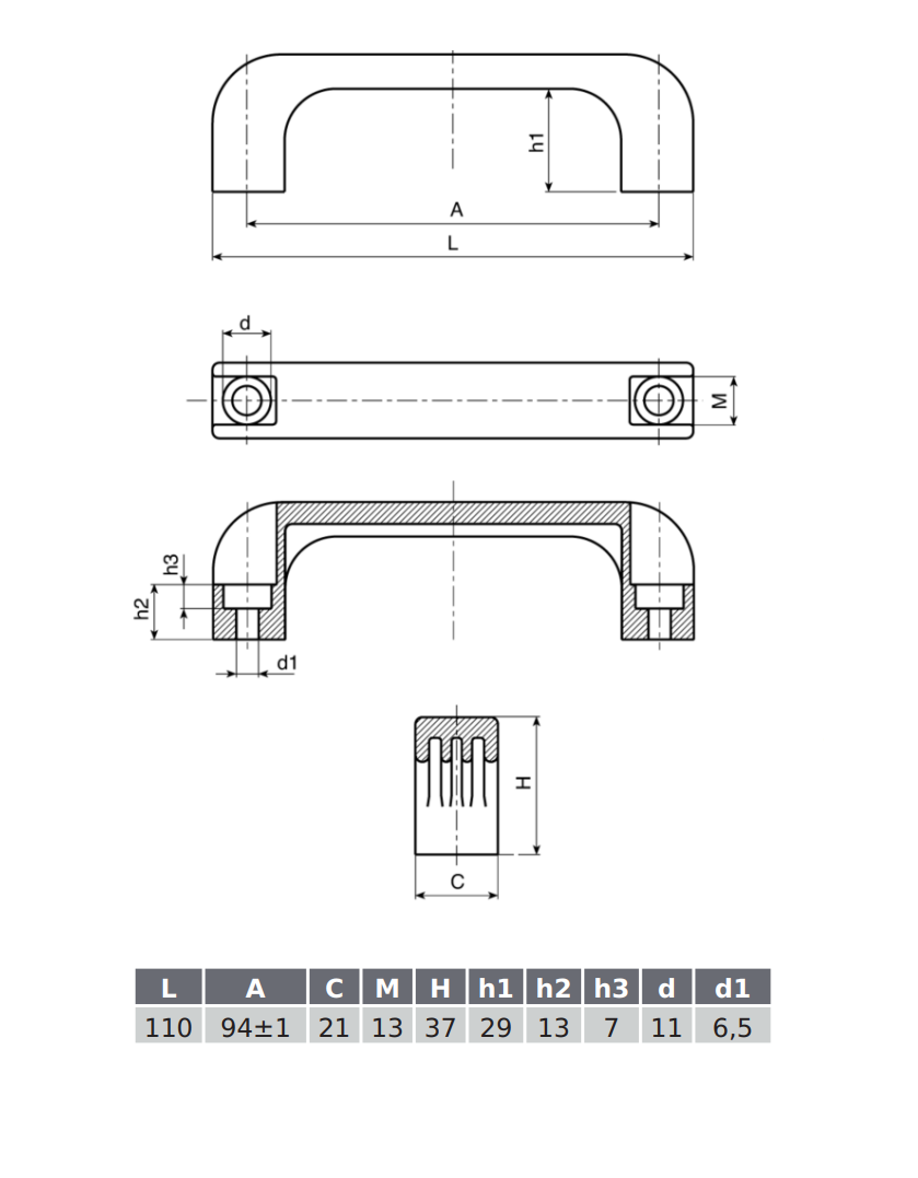 Bridge handle, glass fiber reinforced polyamide, L=110, B=21, H=37