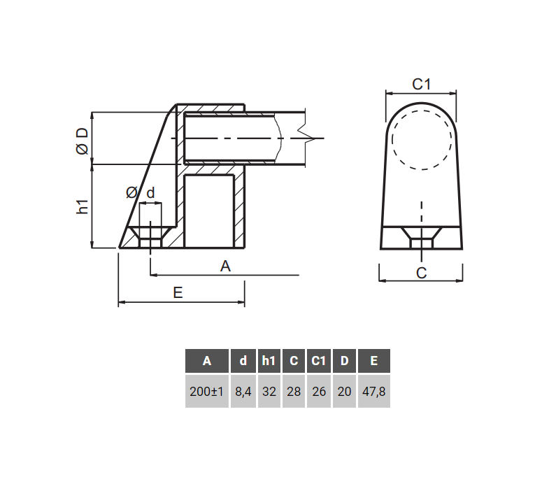 Bridge handle, aluminium, L=223, B=28, H=55