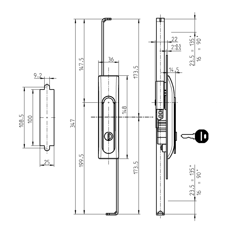 Swinghandle, die-cast zinc, cylinder lock, L=148, B=36, H=14,5, Plate thickness=1,5-2,5