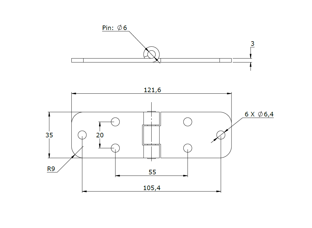 Butt hinge w/holes, steel, L=35, B=120, T=3