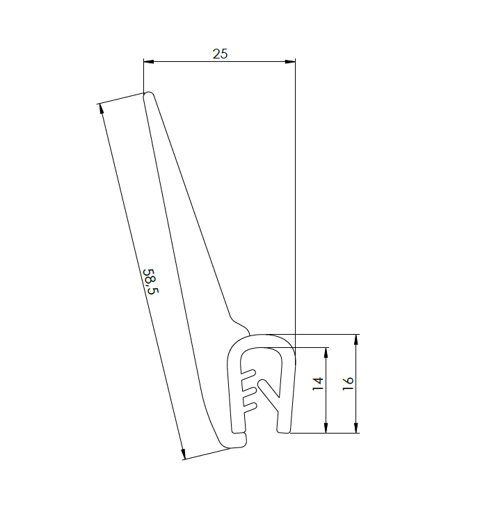 Edge profile w/top lip, black EPDM, clamping width = 4 - 6 mm