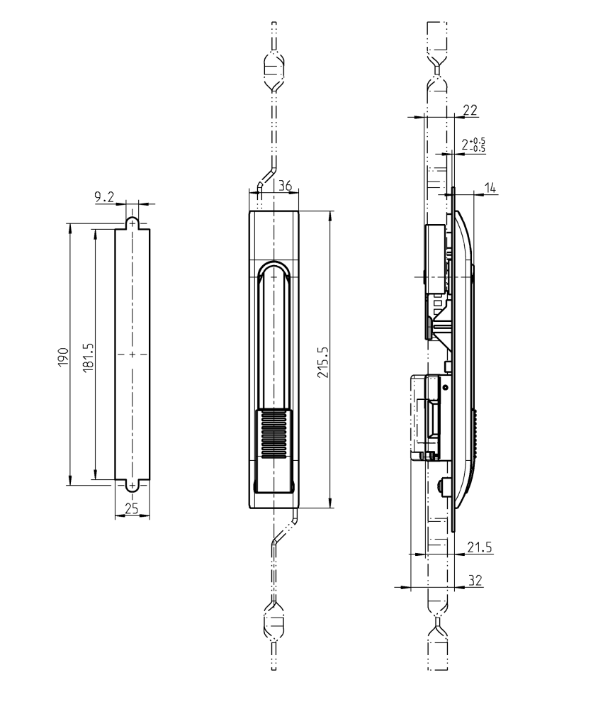 Swinghandle, glass fiber reinforced polyamide, push button, L=215,5, B=36, H=14, Plate thickness=1,5-2,5