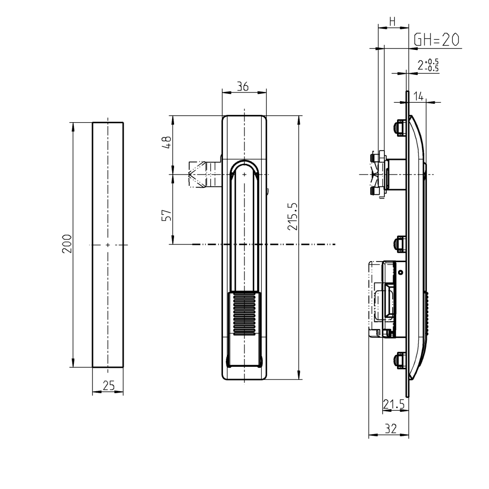 Swinghandle, glass fiber reinforced polyamide, push button, L=215,5, B=36, H=14, Plate thickness=1,5-2,5