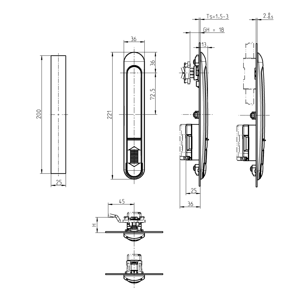 Swinghandle, glass fiber reinforced polyamide, locking set, L=221, B=36, H=13, Plate thickness=1,5-2