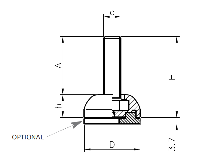 Levelling foot, steel, fixed threaded spindle, M8, base diameter = 40 mm