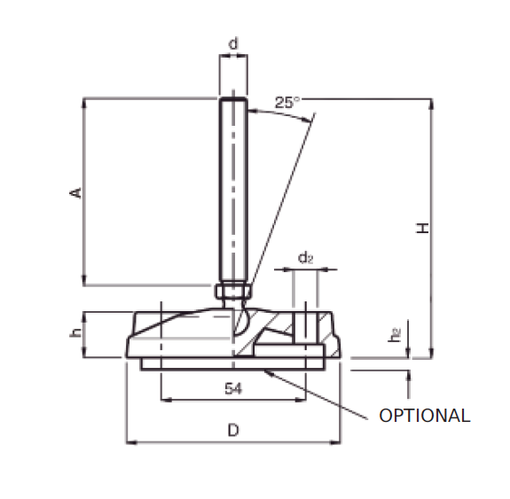Levelling foot, steel, tiltable threaded spindle, M10, base diameter = 80 mm