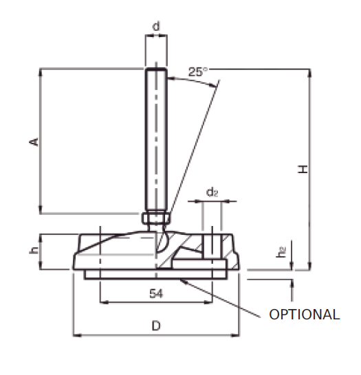 Levelling foot, steel, tiltable threaded spindle, M16, base diameter = 80 mm