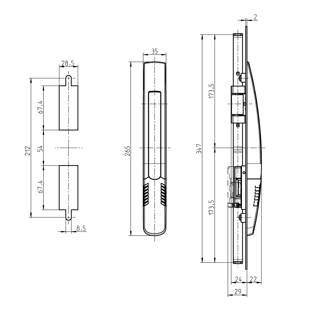 Lifthandle, glass fiber reinforced polyamide, push button, L=265, B=35, H=22, Plate thickness=2-2