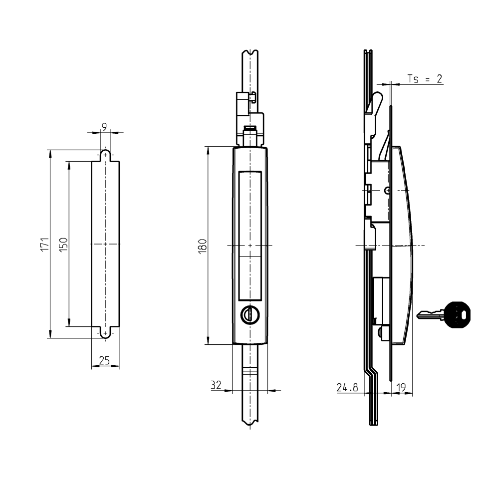 Lifthandle complete set, glass fiber reinforced polyamide, cylinder lock, L=180, B=32, H=19, Plate thickness=2-2