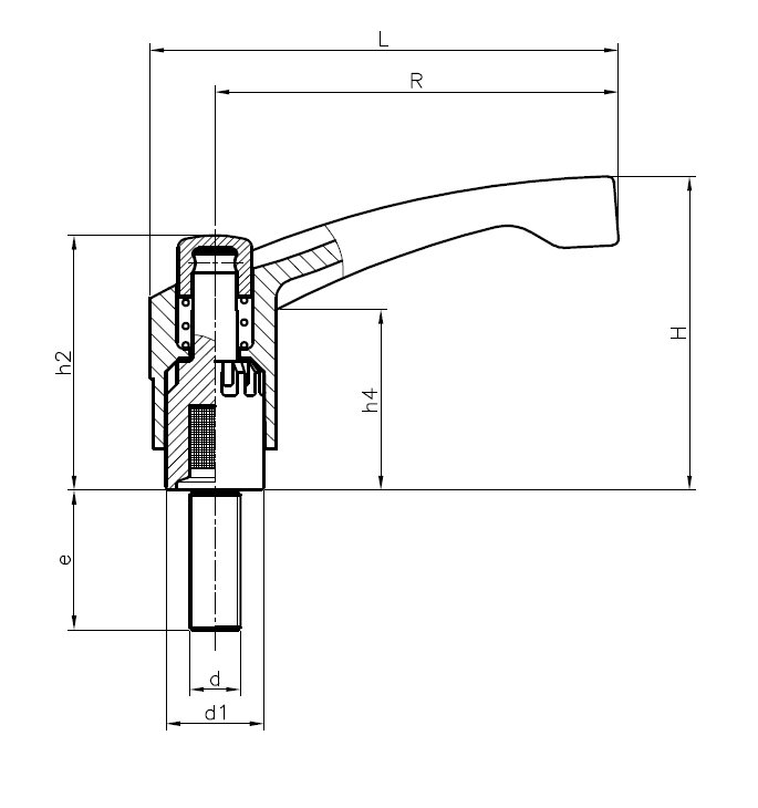 Clamping Handle, glass fiber reinforced polyamide, male thread M5, L=51mm, H=38mm
