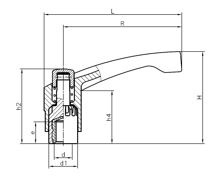 Clamping Handle, stainless steel, female thread M6, L=51mm, H=38mm