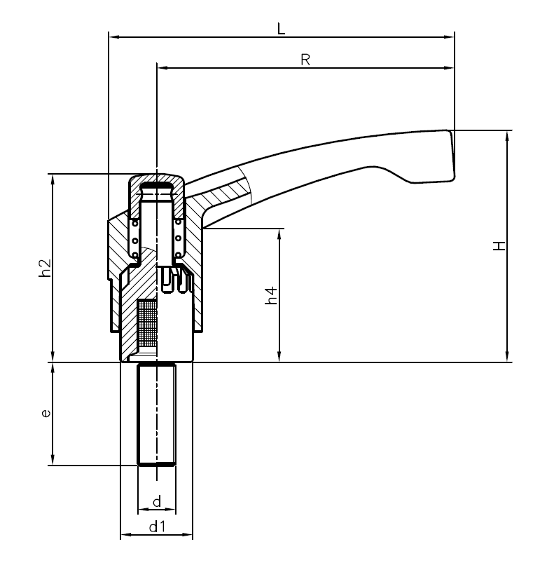 Clamping Handle, glass fiber reinforced polyamide, male thread M8, L=75mm, H=48mm