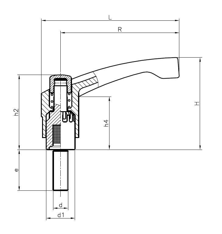 Clamping handle, glass fiber reinforced polyamide, male thread M8, L=75mm, H=48mm