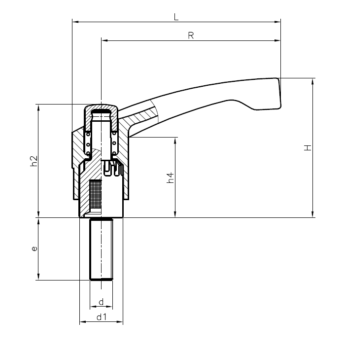 Clamping Handle, glass fiber reinforced polyamide, male thread M8, L=75mm, H=48mm