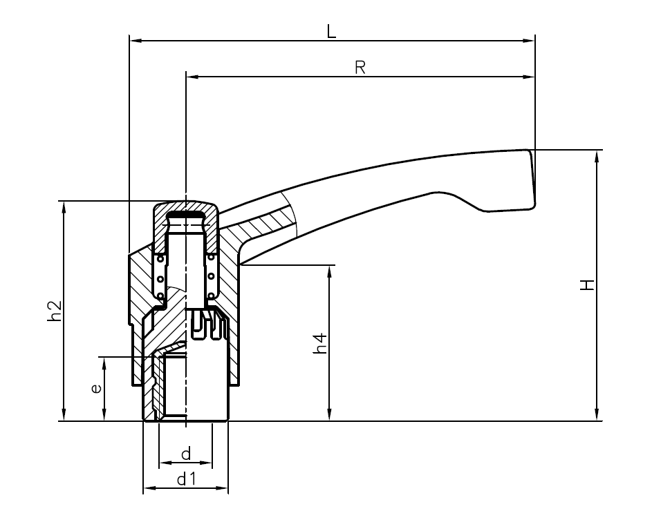 Clamping handle, glass fiber reinforced polyamide, female thread M10, L=98mm, H=63mm