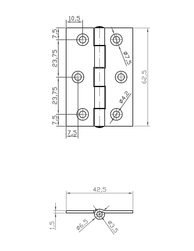 Butt hinge w/holes, steel, L=63, B=45, T=1,5