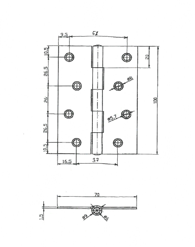 Butt hinge w/holes, steel, L=100, B=70, T=1,5