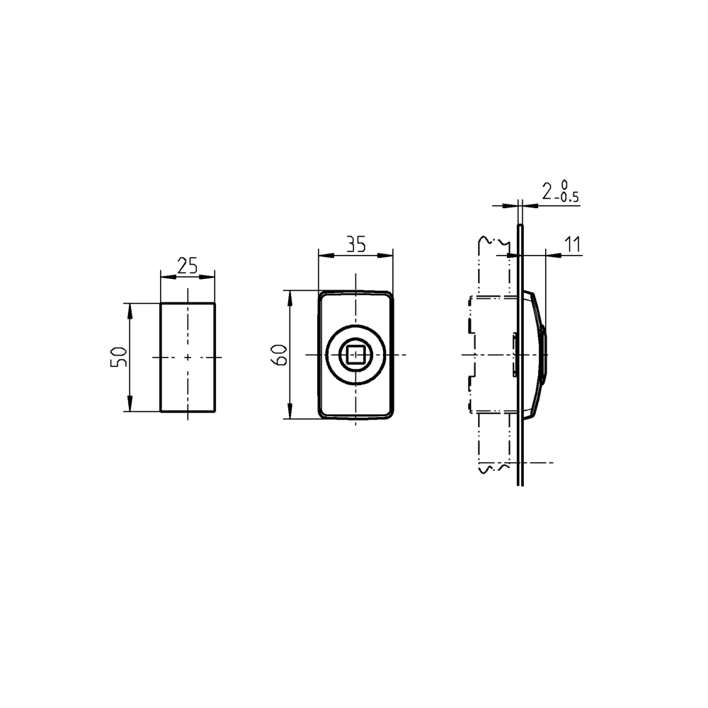 Escutcheon for swinghandle, glass fiber reinforced polyamide, insert, L=60, B=35, H=11, Plate thickness=1,5-2