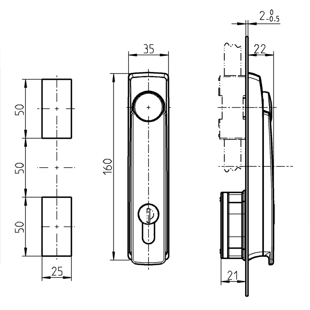 Swinghandle, glass fiber reinforced polyamide, profile half cylinder 40mm, L=160, B=35, H=22, Plate thickness=1,5-2