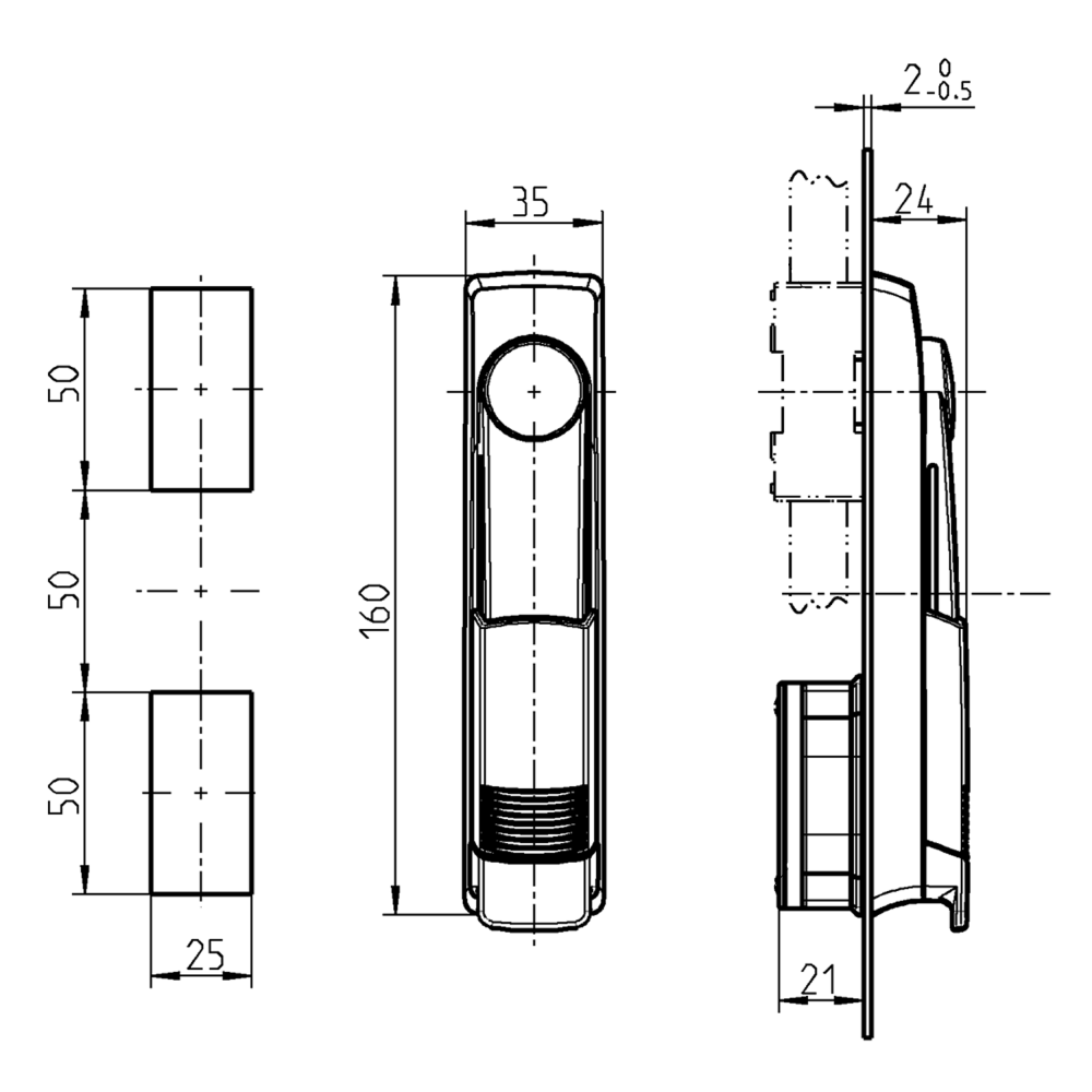 Swinghandle, glass fiber reinforced polyamide, cylinder lock, L=160, B=35, H=24, Plate thickness=1,5-2
