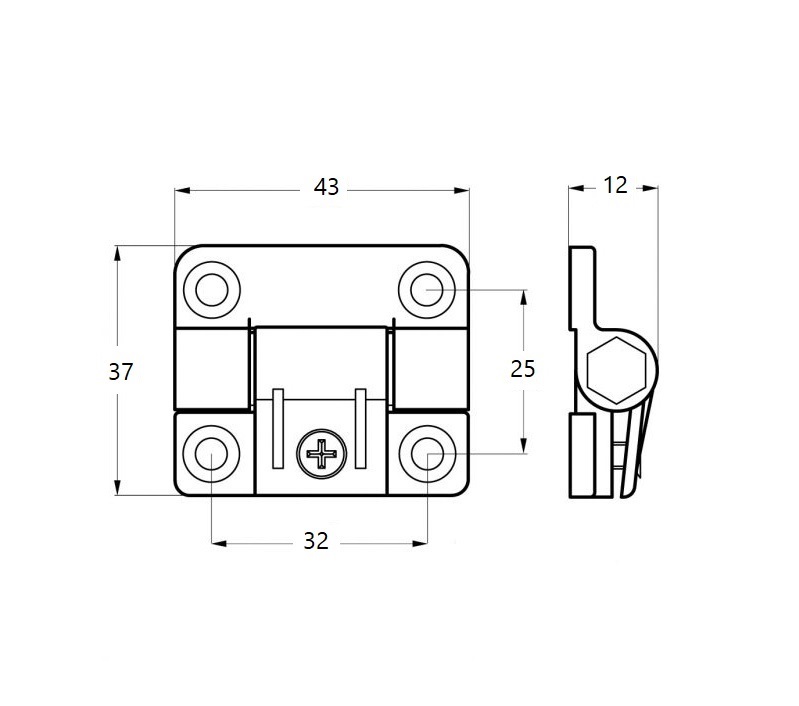 Friction hinge, POM plastic, adjustable, L=43, B=37, H=12
