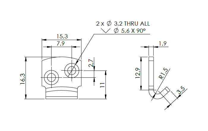Catch plate, electro zinc plated steel, flat mounting, L=16,3mm, B=15,3mm, H=8,3mm