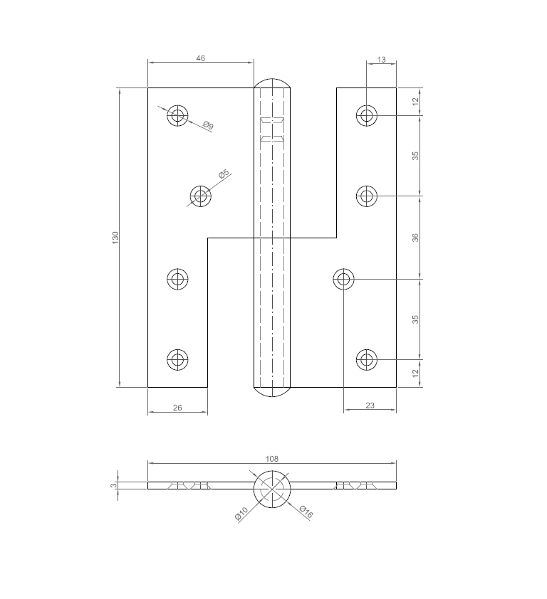 Butt hinge w/holes, stainless steel, right hand version, L=130, B=108, T=3