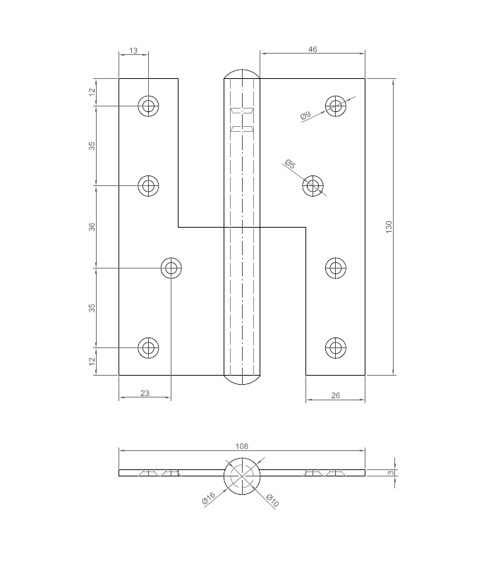Butt hinge w/holes, stainless steel, left hand version, L=130, B=108, T=3