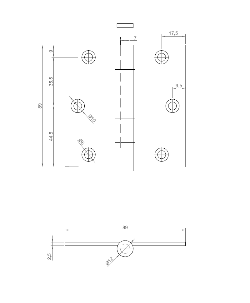 Butt hinge w/holes, stainless steel, L=89, B=89, T=2,5