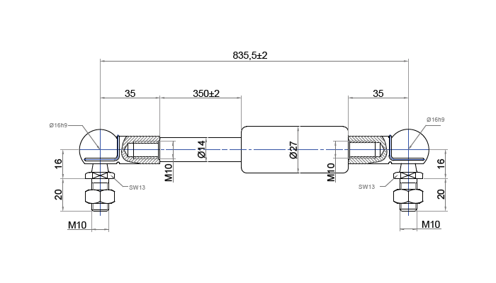 Gas spring, steel, M10 thread, stroke length = 350 mm, force = 1300 N
