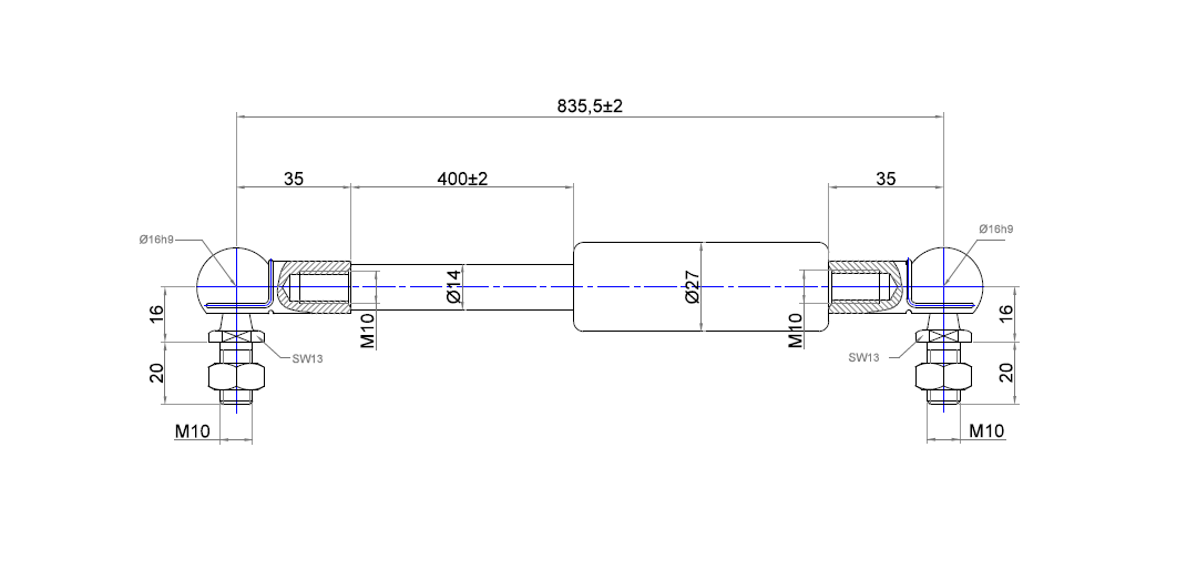 Gas spring, steel, M10 thread, stroke length = 400 mm, force = 1700 N