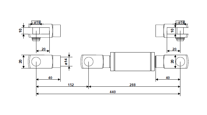 Gas spring, stainless steel, M10 thread, stroke length = 152 mm, force = 1300 N