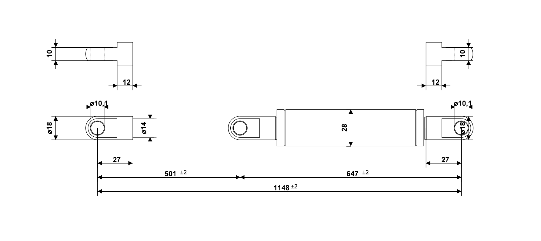 Gas spring, acid proof stainless steel, M10 thread, stroke length = 501 mm, force = 2000 N
