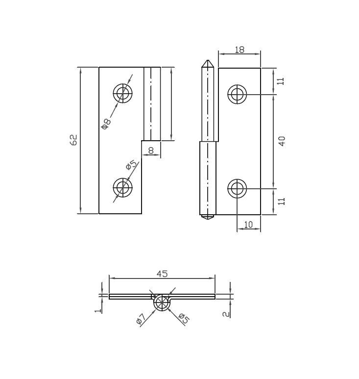 Butt hinge w/holes, stainless steel, L=62, B=45, T=2