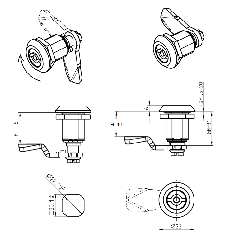 Compression latch, insert 90°, die-cast zinc, Double bit 5, stroke=6mm, hole distance=19-25mm not adjustable, plate thickness=1,5-20mm