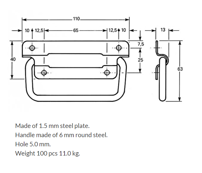 Flip handles, steel, H= 63 mm, B= 110 mm