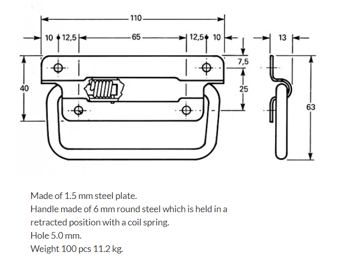 Flip handles, steel, spring-loaded, H= 63 mm, B= 110 mm