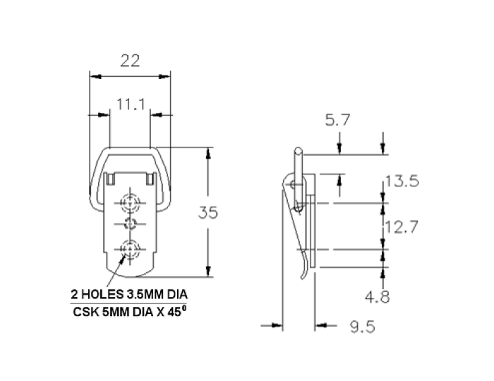 Toggle latch, steel, L=35, B=22, H=9,5, not adjustable